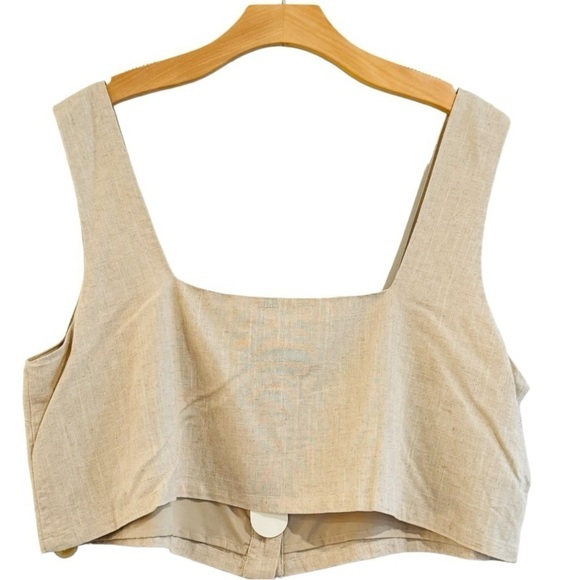 ANTHROPOLOGIE Flat White Square Neck Cropped Linen Blend Top Beige Size XL NEW - Picture 4 of 8